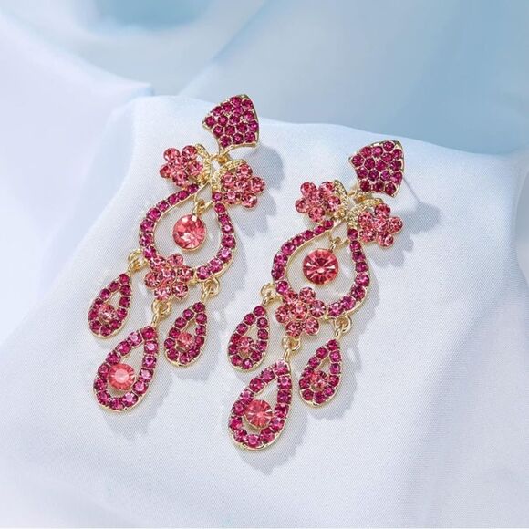 Yellow Gold with Raspberry Pink Austrian Crystal Flower Vase Chandelier Earrings - Picture 2 of 6